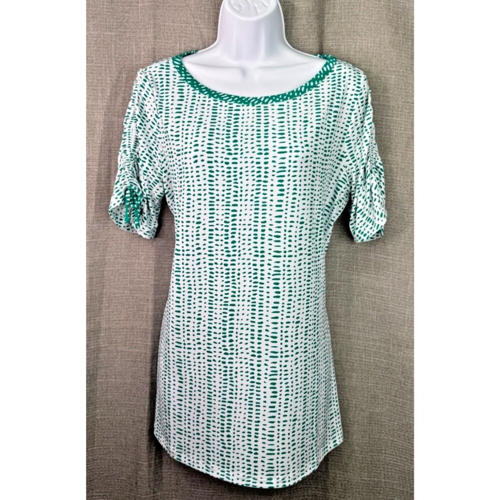 Susan Graver Women's Short Sleeve Top Tunic Size M Green White Dot Print